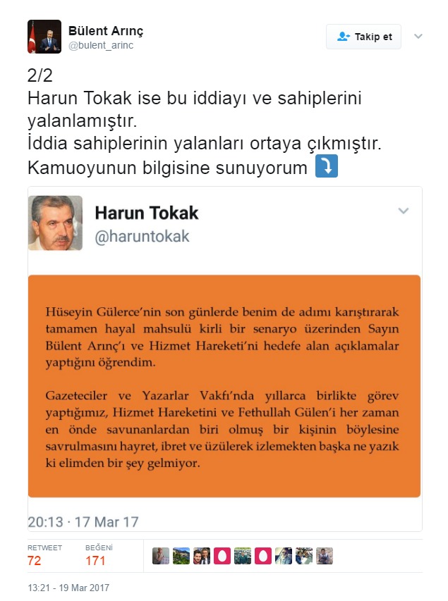 2017-03-20 11_06_18-Bülent Arınç Twitter'da_ _2_2 Harun Tokak ise bu iddiayı ve sahiplerini yalanlam
